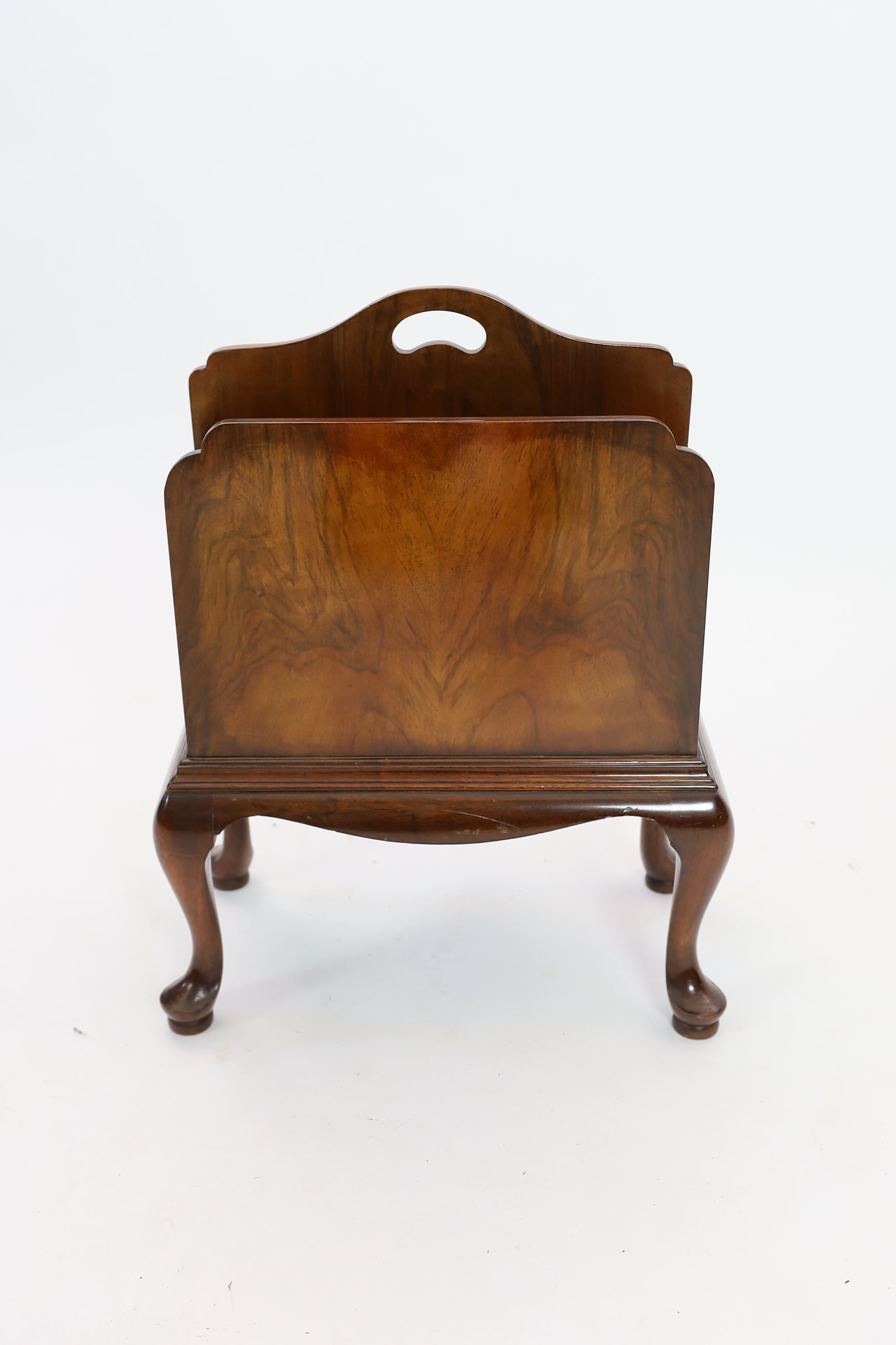 A Queen Anne revival walnut two division newspaper stand, width 44cm depth 23cm height 60cm